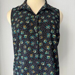 CAbi Whimsey Blouse #3440 Black Floral Button Front-XL